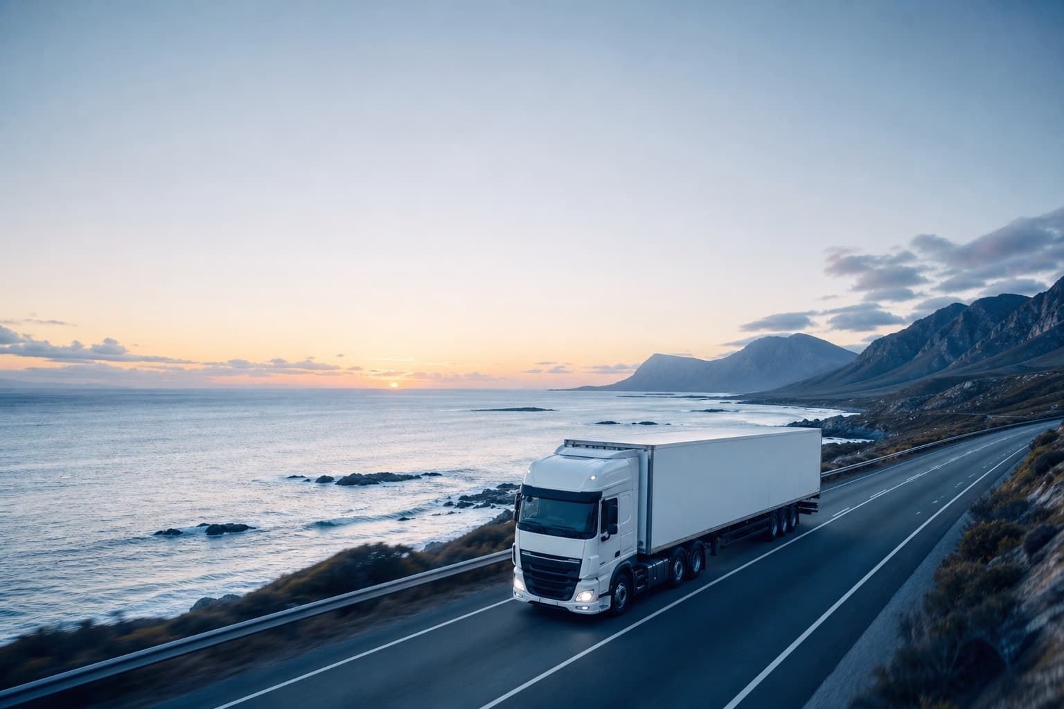 A white truck drives along a coastal highway at sunset