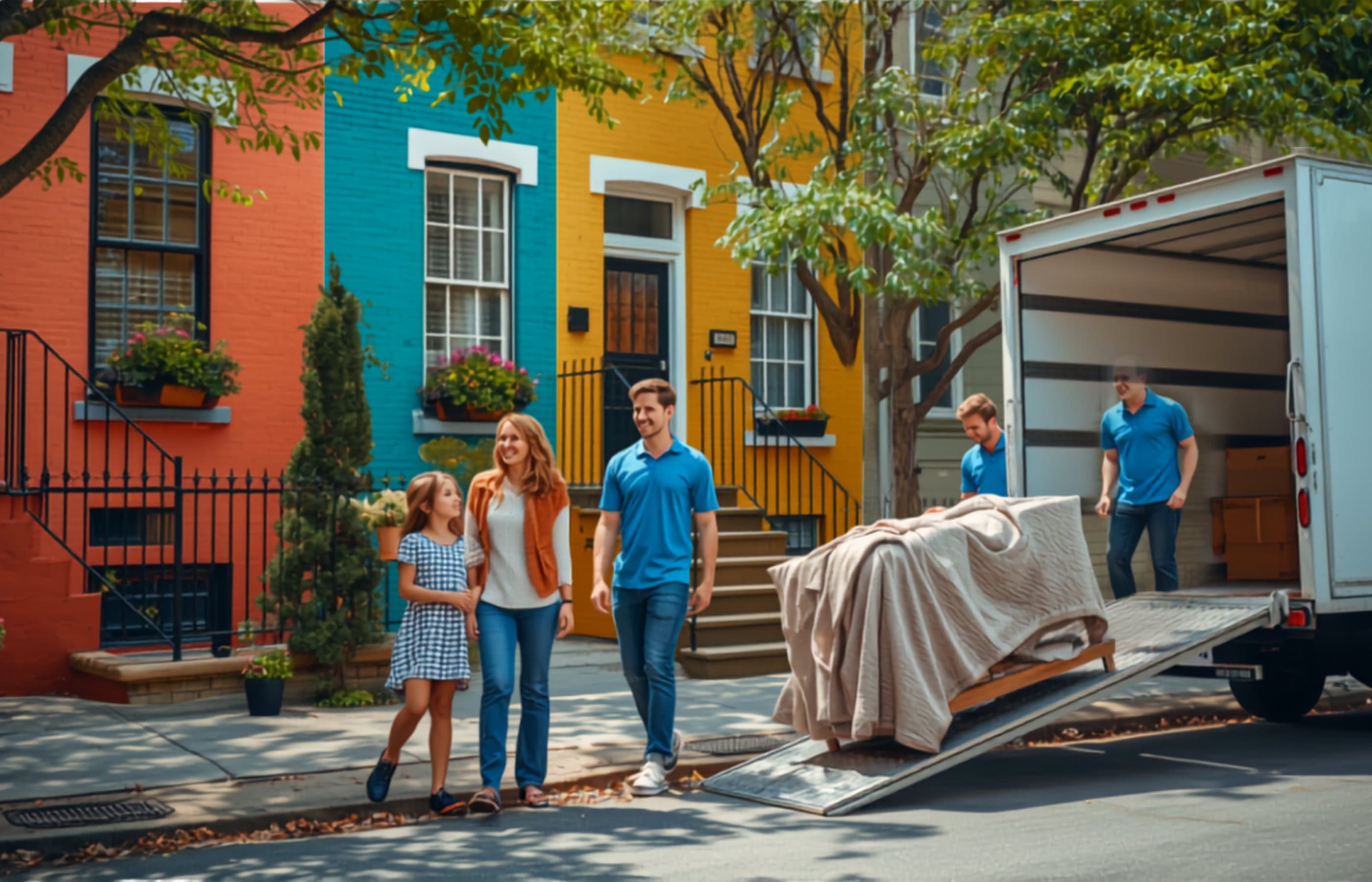 A family walks along a colourful city street while movers in blue shirts bring a blanket-wrapped dresser down a truck ramp