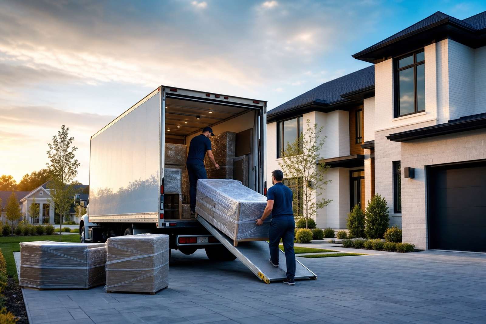 Two movers guide shrink-wrapped furniture down a truck ramp outside a modern house at sunset